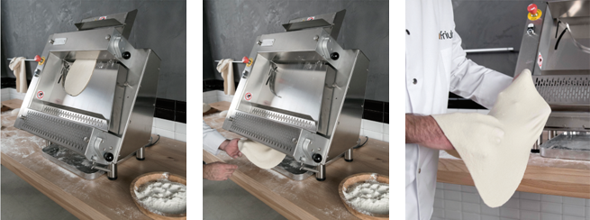 Flattens the dough as if done by hand